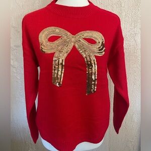 JODIFL Red Sweater with Gold Sequin Bow